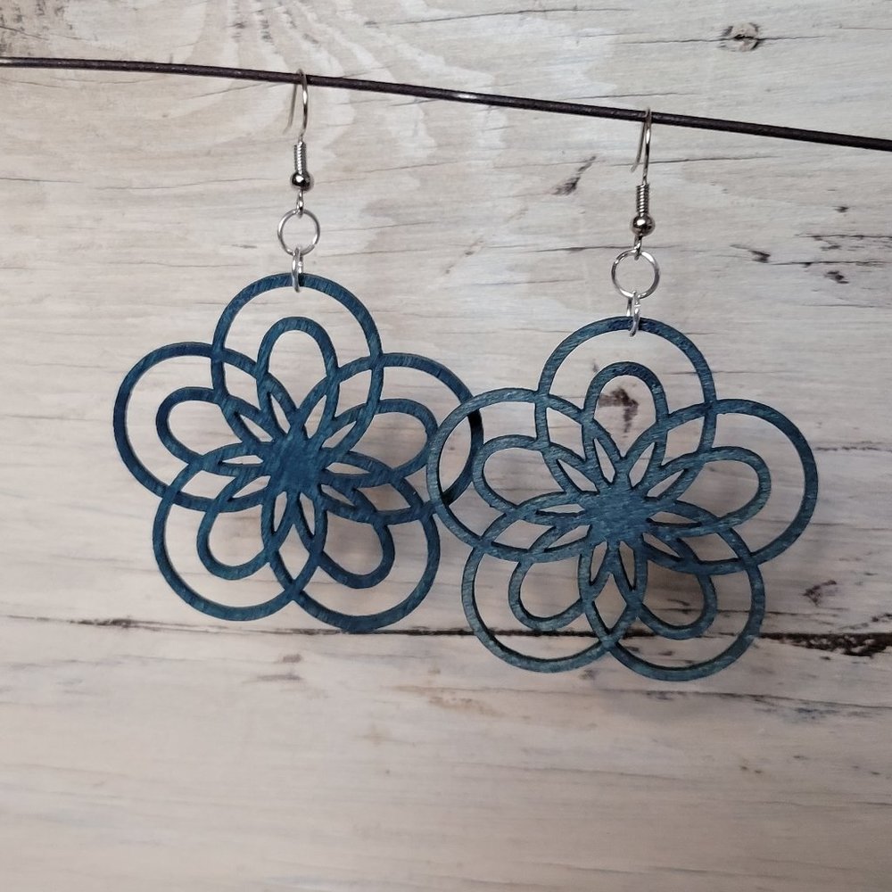 Wood Earrings - Teal Looping Star